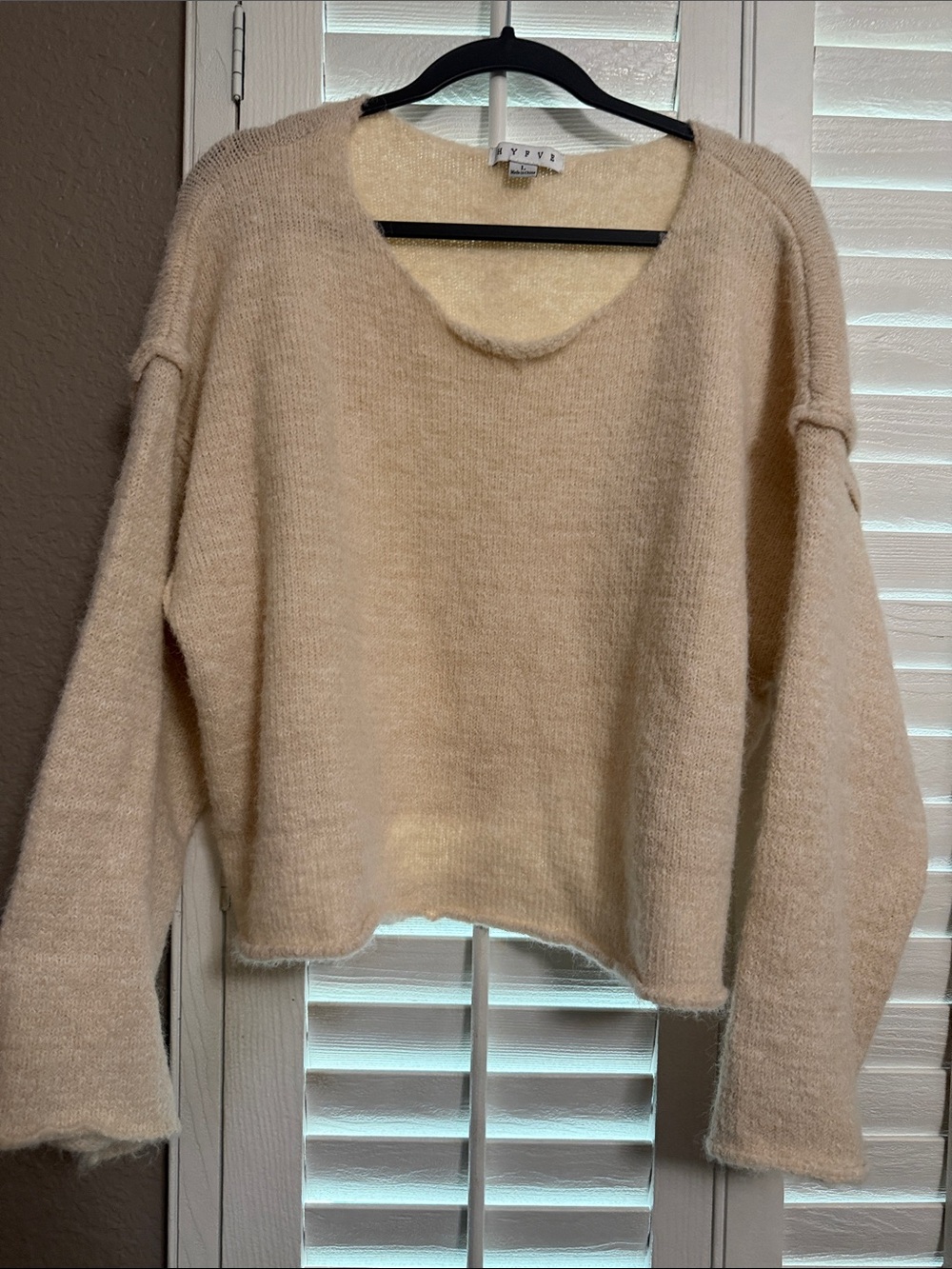 HYFVE Cream Fuzzy Scoop Neck Sweater